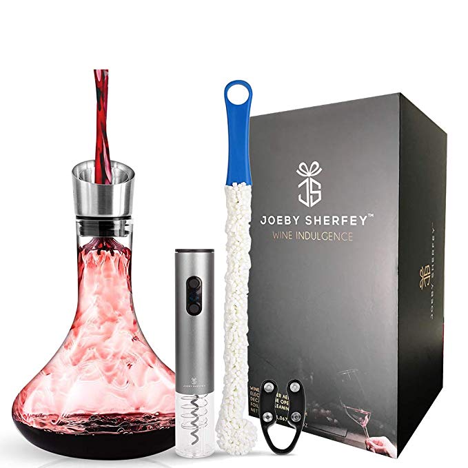 Wine Decanter Carafe, Aerator & Electric Bottle Opener Gift Set for Wine Lovers-Everything Wine Enthusiast Needs to Enjoy a Superior Glass-w/Accessories Foil Cutter & Cleaning Brush by Joeby Sherfey