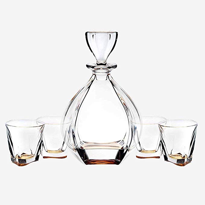 James Scott Brookdale Amber European Made 5 Piece Crystal Bar Set, for Whiskey, and Wine. Includes a 32oz Decanter with a diamond shaped stopper, and 4 x 9 oz. crystal DOF Glasses-Perfect Holiday Gift