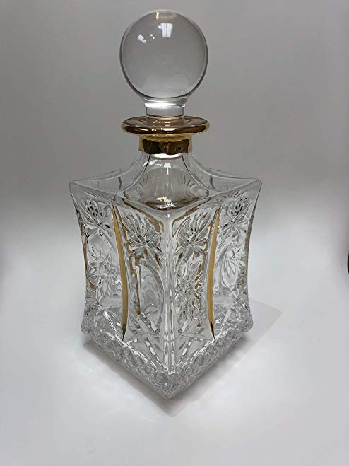 Italian Impero Crystal Square Decanter with Gold Trim and Inlays, 24% Lead Crystal