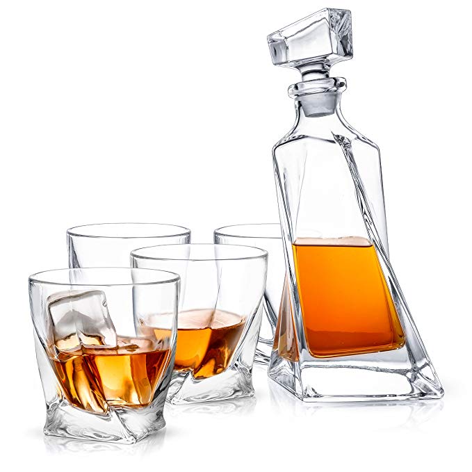 JoyJolt Atlas 5-Piece Crystal Whiskey Decanter Set,100% Lead-Free Crystal Bar Set, Crystal Decanter Set Comes With A Scotch Decanter-22 Ounces And A Set Of 4 Old Fashioned Whiskey Glasses-10.8 Ounces.