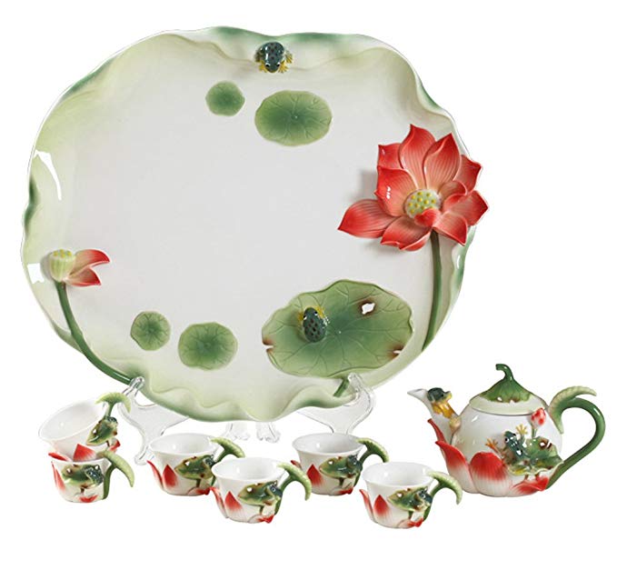 Collectable Fine Arts China Porcelain Handpainted Tea Pot with 4 Cups Frog Lotus (8pcs)