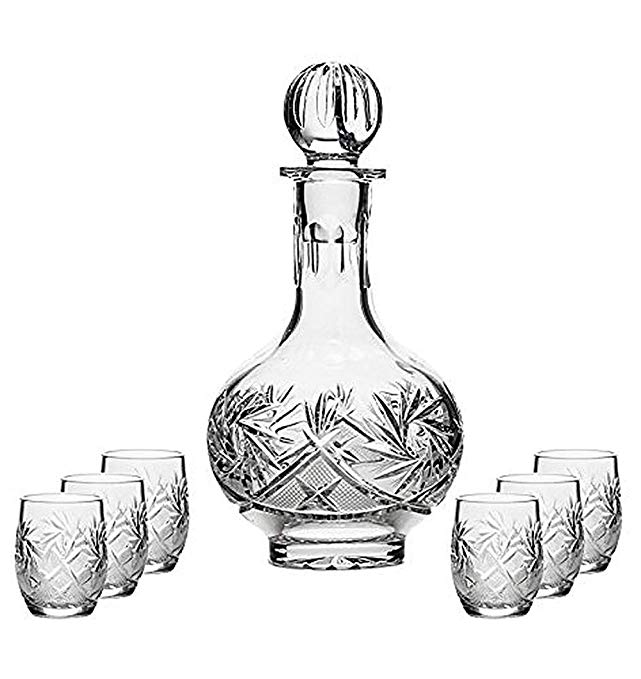 Combination Russian Cut Crystal 12 Oz Carafe/decanter & 6 Crystal Shot Glasses 