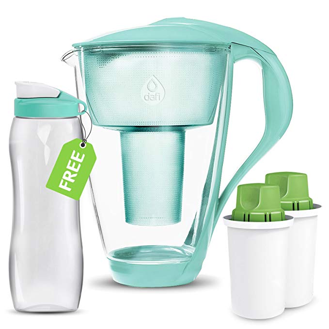 Dafi Alkaline UP Crystal Pitcher 8 cups - Highest Quality Water Pitcher made from Borosilicate Glass - Set with 2 Alkaline UP Water Filters and FREE 24 fl oz Sport Bottle for better hydration (Mint)