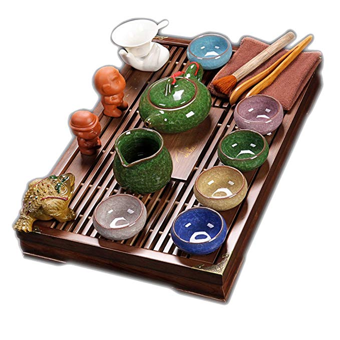 ufengke Exquisite Oriental Ceramic Porcelain Kung Fu Tea Cup Set With Wooden Tea Tray, Chinese Tea Service, Home And Office Use, Multicolor