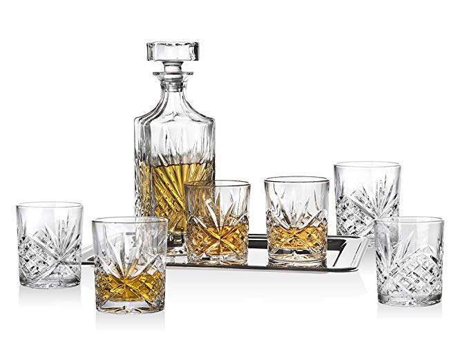 Dublin Whiskey Bar Set - Includes Whisky Decanter, 6 Old Fashioned Tumbler Glasses and Display Serving Tray