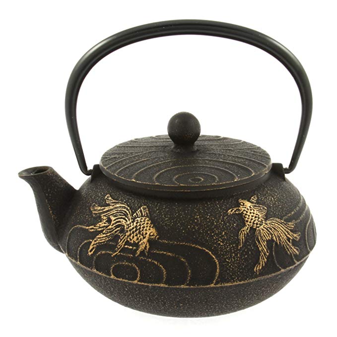 Iwachu Japanese Iron Teapot Tetsubin Gold and Black Goldfish