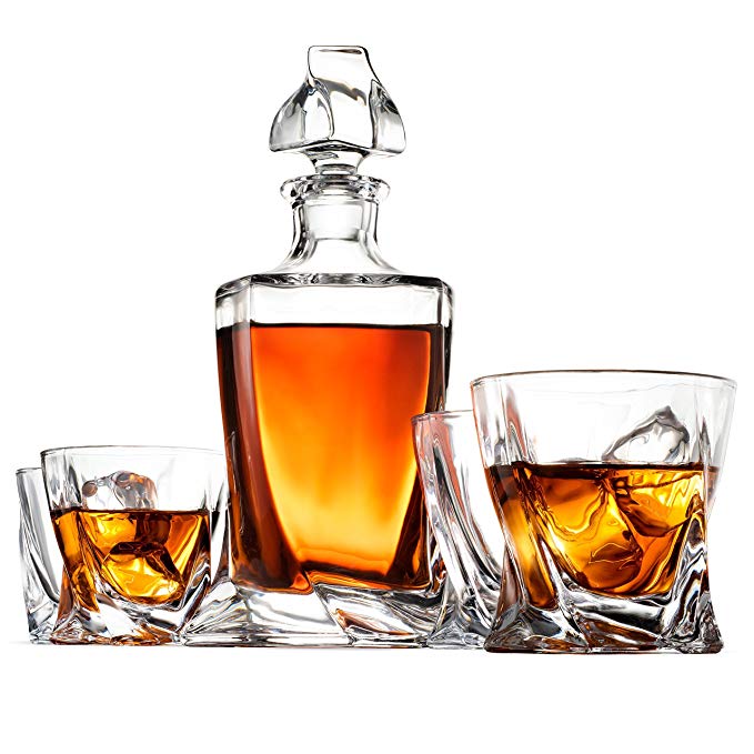 Glass Whiskey Decanter Set - High-End 5-Piece Whiskey Decanter Set, Weighted Bottom European Design 12 oz whiskey Glasses 100% Lead Free Crystal Clear For Scotch Liquor Bourbon Etc. with Gift Box