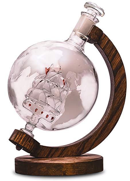 Etched Globe Liquor Decanter - Scotch Whiskey Decanter - 1000ml Glass Decanter for Alcohol - Vodka, Bourbon, Rum, Wine, Tequila or Mouthwash - Prestige Decanters (Magellan's Victoria)