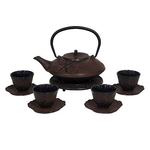 Reddish Brown Cast Iron Tea Set with 4 Cups and Leaf Design Saucers, 40 Oz Capacity