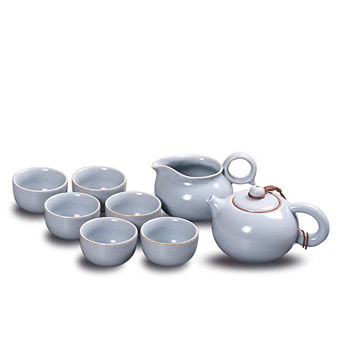 Newchinaroad Ru ware sky-blue Xishi tea set-100% Chinese ceramic Kungfu tea set-1 teapot & 1 sharing pot & 6 teacups (8pcs)