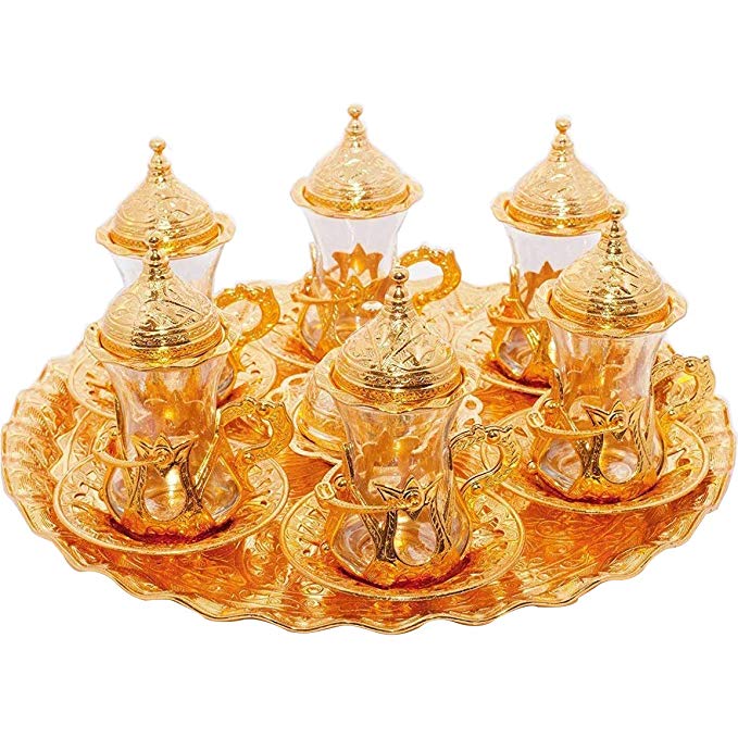 (SET of 6) Turkish Tea Glasses Set Saucers Holders Spoons Decorated (Gold) (Eski)