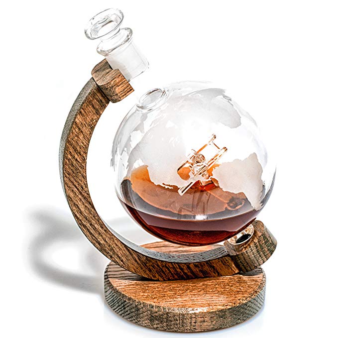 Etched Globe Liquor Decanter - Scotch Whiskey Decanter - 1000ml Glass Decanter for Alcohol - Vodka, Bourbon, Rum, Wine, Tequila or Even Mouthwash - Sopwith Camel (Prestige Decanters)