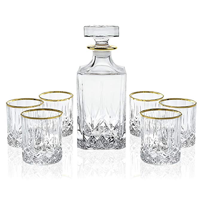 Elegant Manhattan Style Crystal Liquor Whiskey and Wine Decanter Set. Irish Cut 7 Piece Set 1 Decanter. 6 Old Fashioned 6 Oz DOF Glasses with 24k Gold Trim.